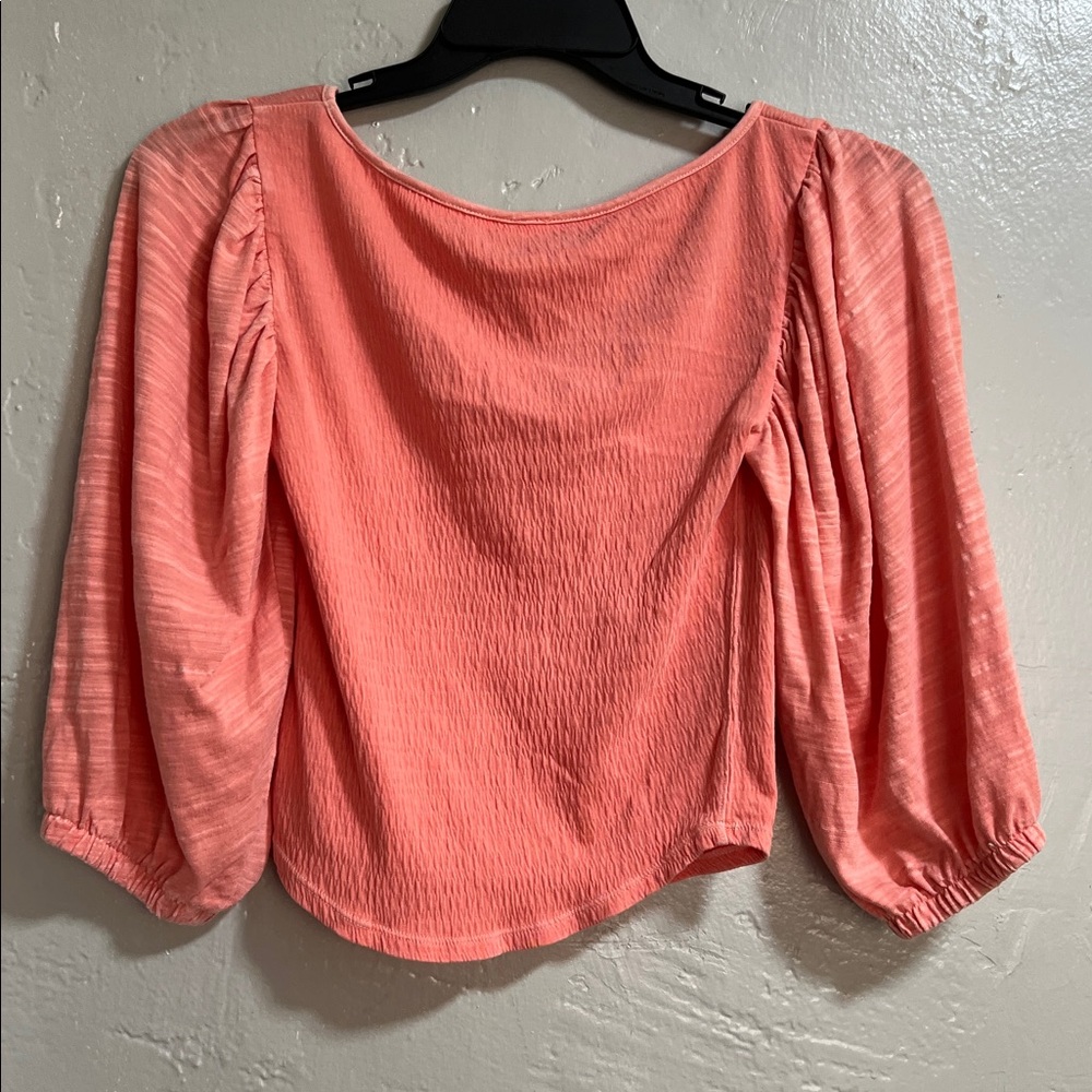 Free People Day Lily Puff Sleeve Blouse Top Size SM Coral Pink - Picture 7 of 7